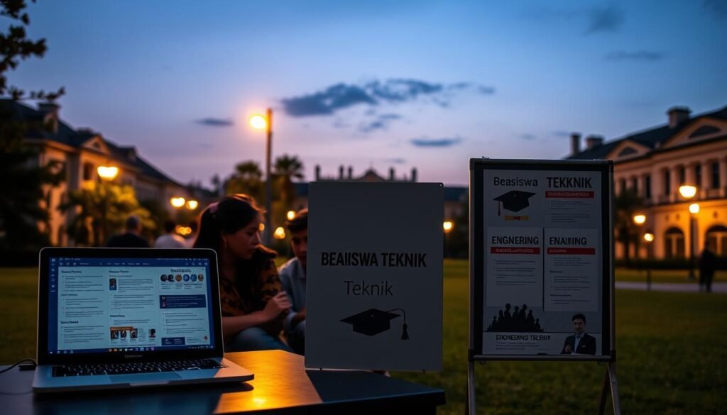 A college campus at dusk, with a group of diverse students gathered around a table, studying intently under the warm glow of street lamps. In the foreground, a laptop displays information about various scholarship opportunities, while a bulletin board showcases flyers advertising "Beasiswa Teknik" (Engineering Scholarships). The middle ground features a stylized illustration of a graduate's cap and diploma, symbolizing the academic achievements enabled by these scholarships. The background depicts the silhouettes of university buildings, conveying a sense of academic rigor and opportunity. The overall scene evokes a mood of focused determination, educational aspiration, and the transformative power of financial support for engineering students.