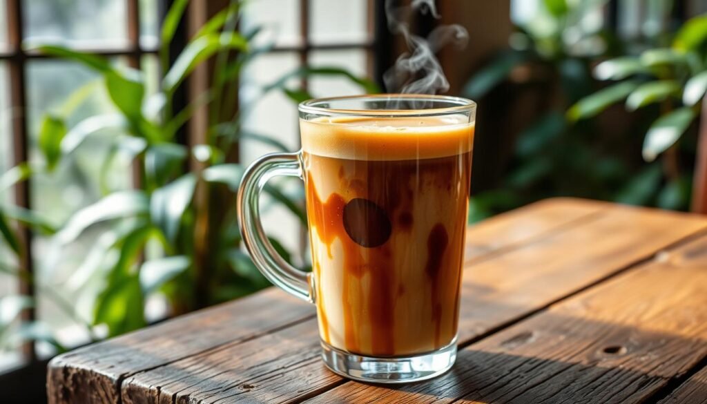 A delightful cup of "kopi susu gula aren" sits atop a rustic wooden table, surrounded by lush greenery and natural sunlight filtering through the window. The rich, aromatic coffee blends seamlessly with the creamy, caramelized sweetness of palm sugar, creating a harmonious and inviting beverage. The glass vessel showcases the enticing layers of the drink, drawing the viewer in with its captivating visual appeal. Subtle details, such as the wisps of steam rising from the surface, add to the sense of warmth and comfort. This image perfectly captures the essence of the "Kopi Aren: Tren Baru dalam Dunia Digital" section, highlighting the allure of this traditional Indonesian coffee specialty in a modern, digital landscape.