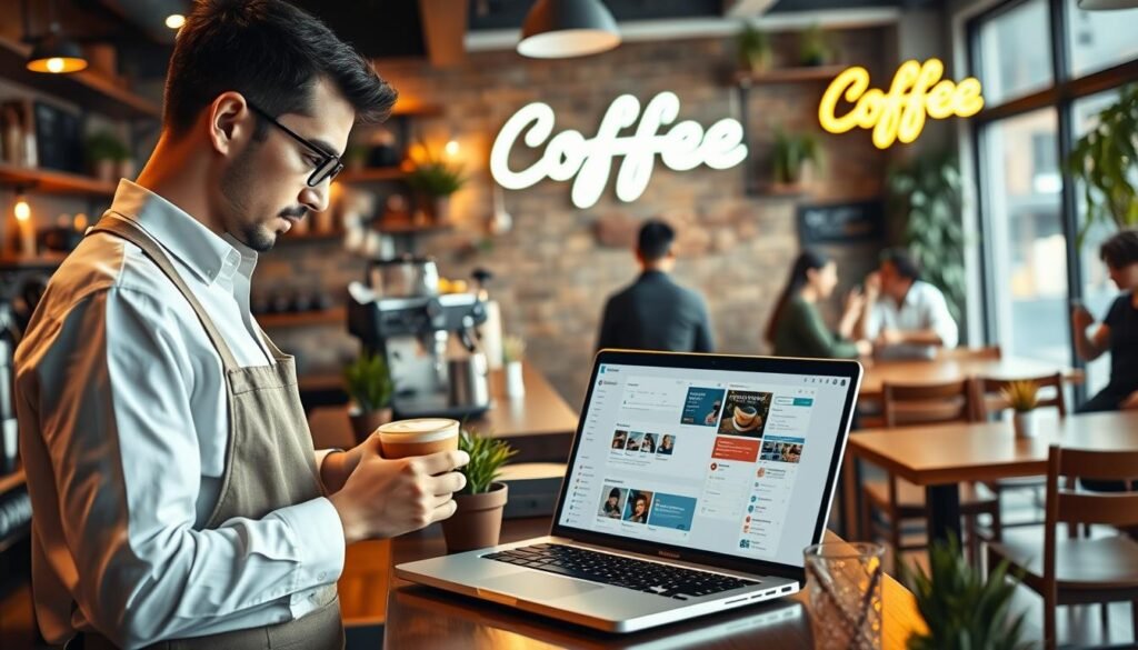 A digital marketing strategy for a coffee business, set against a warm, inviting coffee shop atmosphere. In the foreground, a barista in a crisp white shirt and apron carefully crafts a latte, steam swirling. The middle ground features a laptop open to a social media dashboard, surrounded by potted plants and retro-style decor. In the background, customers converse at wooden tables, the room illuminated by soft, ambient lighting and the glow of a neon "Coffee" sign. The overall scene conveys a modern, artisanal vibe, reflecting the intersection of traditional coffee culture and innovative digital marketing.