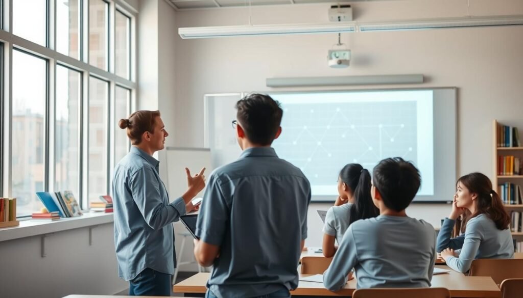 A modern, clean and transparent classroom setting, with students and teachers using digital devices and interacting with a blockchain-powered education platform projected on the whiteboard. The scene is bathed in soft, natural lighting from large windows, conveying a sense of openness and innovation. In the foreground, a teacher explains the blockchain system, gesturing to the display. Students in the middle ground listen intently, their faces lit by the screen's glow. The background features shelves of books and educational materials, hinting at the fusion of traditional and technological elements. The overall atmosphere is one of exploration, collaboration and empowerment, reflecting the transformative potential of blockchain in education.