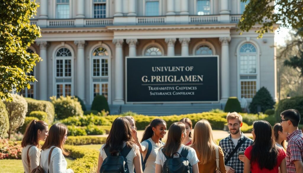 A prestigious university campus with a stately, neoclassical façade, flanked by lush, manicured gardens. In the foreground, a group of diverse, earnest-looking students converse animatedly, their body language conveying a sense of opportunity and camaraderie. Sunlight filters through the ornate windows, casting a warm, inspiring glow over the scene. The background features a prominent sign board showcasing the program's name in elegant typography, underscoring the institution's reputation and prestige. The overall mood is one of academic excellence, aspiration, and the promise of transformative educational experiences.