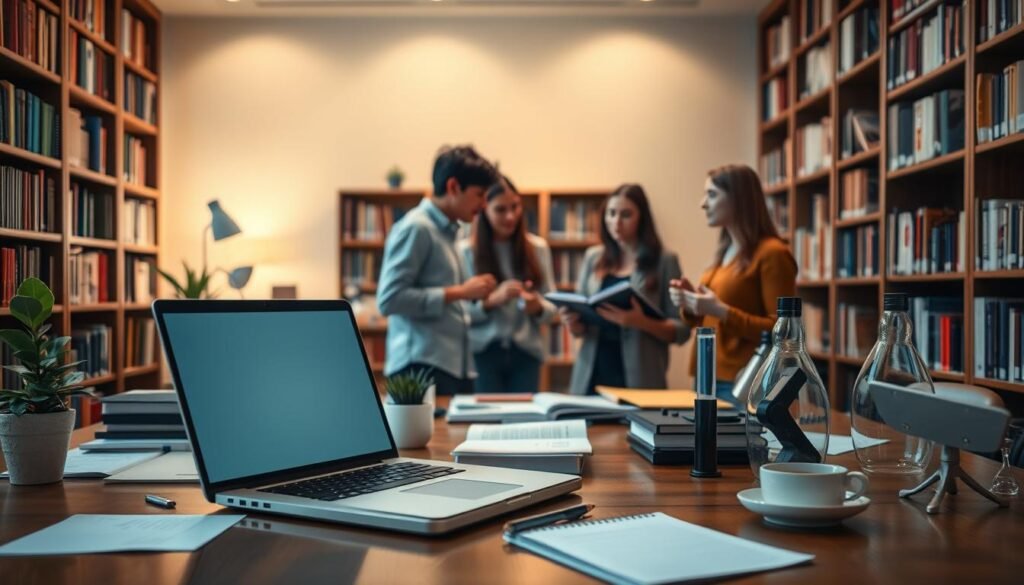 A serene academic setting, with a bookshelf-lined study in the background, softly illuminated by warm, diffuse lighting. In the foreground, a laptop and notebook rest on a polished wooden desk, surrounded by research materials and scientific instruments. A potted plant and a cup of coffee add a touch of life to the scene. The middle ground features a group of students engaged in thoughtful discussion, gesturing animatedly as they explore the research program before them. The overall atmosphere conveys a sense of intellectual curiosity, diligence, and the pursuit of knowledge.