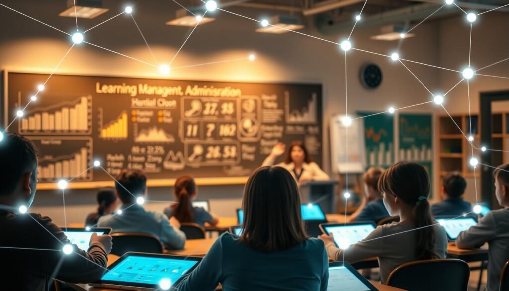 A sleek, transparent blockchain network overlays a modern classroom, illuminating a chalkboard displaying educational metrics. In the foreground, students engage with digital tablets, their faces lit by the warm glow of blockchain-enabled learning management systems. The mid-ground features a teacher gesturing towards a projection screen, showcasing real-time transparency of classroom activities and student progress. The background subtly depicts the school's administration office, with secure ledgers and data visualizations highlighting the blockchain's role in fostering an open, accountable educational system. The scene is captured with a cinematic, wide-angle lens, conveying a sense of technological innovation and educational transformation.