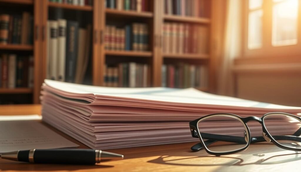 A stack of official-looking documents, their edges slightly worn, neatly arranged on a wooden desk. Sunlight filters through the window, casting a warm, inviting glow on the scene. In the foreground, a pen and a pair of reading glasses sit poised, ready for the meticulous review of application requirements. The background features a bookshelf, its shelves adorned with academic tomes, hinting at the scholarly nature of the task at hand. The overall atmosphere exudes a sense of thoughtful deliberation, as the viewer is drawn into the process of preparing a research scholarship application.