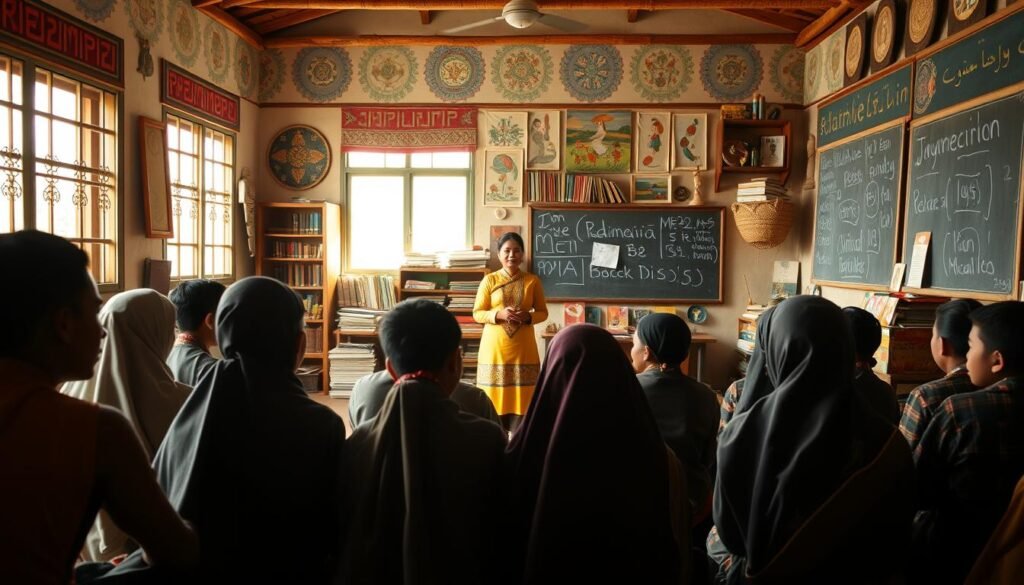 A traditional Indonesian classroom setting, filled with cultural artifacts and educational materials. In the foreground, a group of students sit attentively, their faces illuminated by the warm, natural lighting streaming through large windows. The middle ground features a teacher, dressed in traditional Javanese garments, engaging the class in a lively discussion. In the background, intricate wall hangings, shelves of books, and a chalkboard adorned with colorful drawings create a vibrant, immersive atmosphere. The scene conveys a sense of deep respect for cultural heritage and the importance of nurturing young minds within this enriching environment.