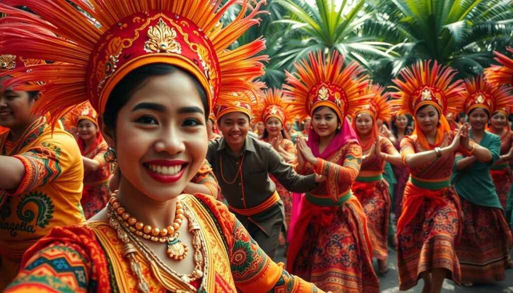A vibrant crowd of traditional Malay dancers perform the energetic Pacu Jalur dance, their colorful costumes and headdresses swaying in sync to the lively rhythms. The foreground is a captivating close-up of a female dancer, her face exuding a joyful and expressive performance. The middle ground features a troupe of dancers weaving through the scene, their movements captured in a dynamic, cinéma vérité style. In the background, a backdrop of lush, tropical foliage sets the scene, creating a visually striking and immersive atmosphere. The lighting is warm and natural, highlighting the rich textures and hues of the dancers' attire. The overall composition conveys the infectious energy and viral appeal of this traditional Malay cultural phenomenon.