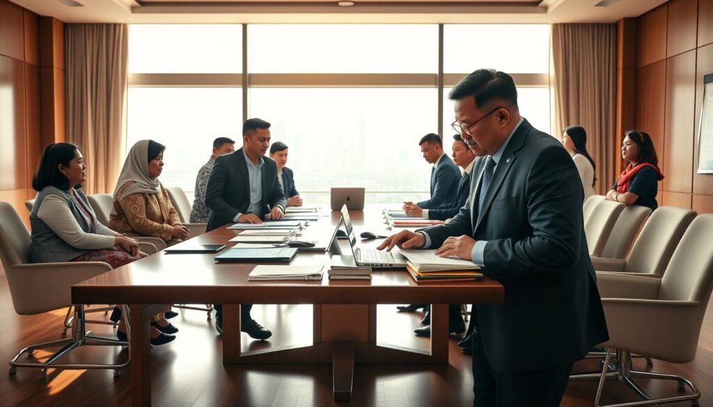 A diverse group of professional politicians engaged in a strategic discussion in an elegant conference room, with a large table filled with documents and laptops. In the foreground, focus on two individuals, a man in a tailored suit, and a woman in a smart blazer, both actively taking notes and making eye contact, showcasing leadership and collaboration. In the middle, include representatives from various political parties, highlighting diversity, with traditional Indonesian motifs subtly integrated into their attire. The background features a large window revealing a city skyline, bathed in warm, natural light, creating an atmosphere of hope and determination. Soft shadows play across the polished wooden floors, emphasizing the seriousness and professionalism of the political atmosphere. A diverse group of professional politicians engaged in a strategic discussion in an elegant conference room, with a large table filled with documents and laptops. In the foreground, focus on two individuals, a man in a tailored suit, and a woman in a smart blazer, both actively taking notes and making eye contact, showcasing leadership and collaboration. In the middle, include representatives from various political parties, highlighting diversity, with traditional Indonesian motifs subtly integrated into their attire. The background features a large window revealing a city skyline, bathed in warm, natural light, creating an atmosphere of hope and determination. Soft shadows play across the polished wooden floors, emphasizing the seriousness and professionalism of the political atmosphere.