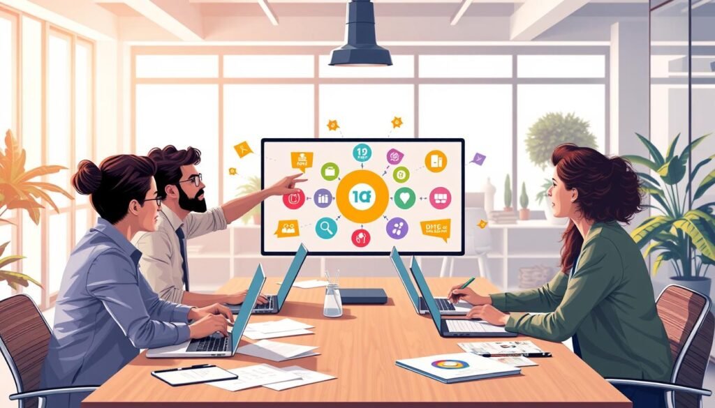 A dynamic and insightful illustration of the steps to build a startup. In the foreground, a diverse group of three professionals engaged in a brainstorming session around a modern conference table, with laptops and documents strewn about. One individual is pointing at a colorful infographic on a screen, while another takes notes. In the middle, visually striking icons representing key startup stages like research, planning, funding, and launch are artistically displayed. The background features a bright, contemporary office space with large windows allowing natural light to flood in, contributing to an inspiring atmosphere. The overall mood is one of collaboration, innovation, and determination, capturing the essence of entrepreneurial spirit. Use a warm color palette to convey positivity and creativity. A dynamic and insightful illustration of the steps to build a startup. In the foreground, a diverse group of three professionals engaged in a brainstorming session around a modern conference table, with laptops and documents strewn about. One individual is pointing at a colorful infographic on a screen, while another takes notes. In the middle, visually striking icons representing key startup stages like research, planning, funding, and launch are artistically displayed. The background features a bright, contemporary office space with large windows allowing natural light to flood in, contributing to an inspiring atmosphere. The overall mood is one of collaboration, innovation, and determination, capturing the essence of entrepreneurial spirit. Use a warm color palette to convey positivity and creativity.