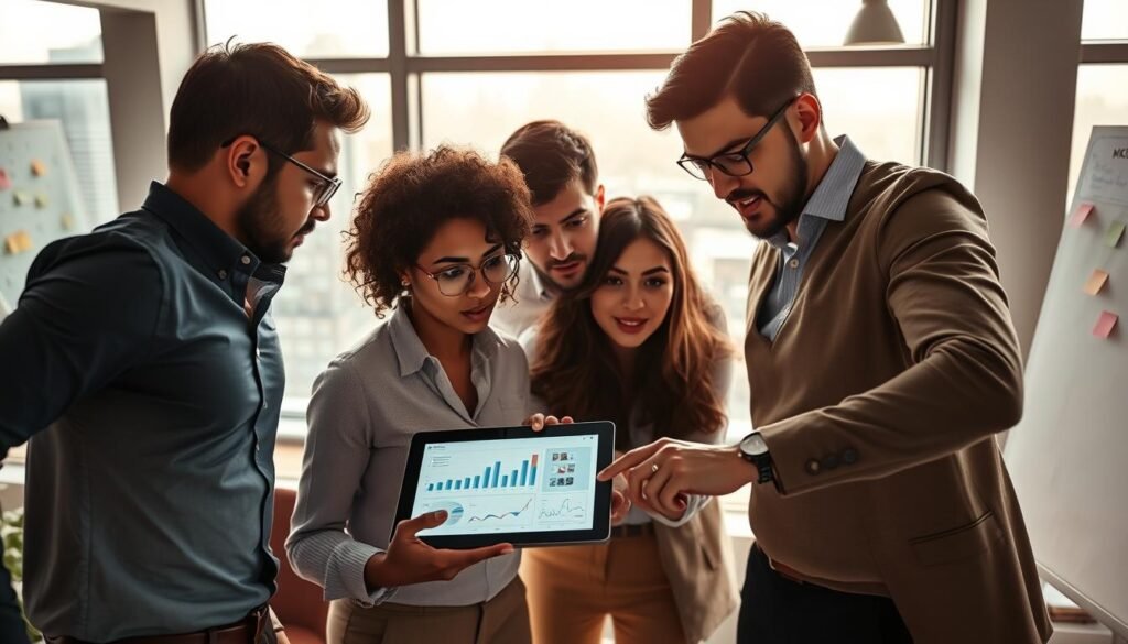 A dynamic and insightful scene capturing the challenges of startup businesses. In the foreground, a diverse group of three professionals, dressed in smart casual attire, engaged in a heated discussion over a digital tablet, displaying graphs and data. In the middle ground, an office space filled with brainstorming materials like sticky notes and whiteboards, conveying an atmosphere of creativity and urgency. The background features a large window revealing a cityscape, symbolizing opportunity and competition. Soft, natural lighting filters through the window, creating an inspiring yet tense mood. The composition highlights the struggle and ambition of startup culture, evoking a sense of determination amidst uncertainty. A dynamic and insightful scene capturing the challenges of startup businesses. In the foreground, a diverse group of three professionals, dressed in smart casual attire, engaged in a heated discussion over a digital tablet, displaying graphs and data. In the middle ground, an office space filled with brainstorming materials like sticky notes and whiteboards, conveying an atmosphere of creativity and urgency. The background features a large window revealing a cityscape, symbolizing opportunity and competition. Soft, natural lighting filters through the window, creating an inspiring yet tense mood. The composition highlights the struggle and ambition of startup culture, evoking a sense of determination amidst uncertainty.