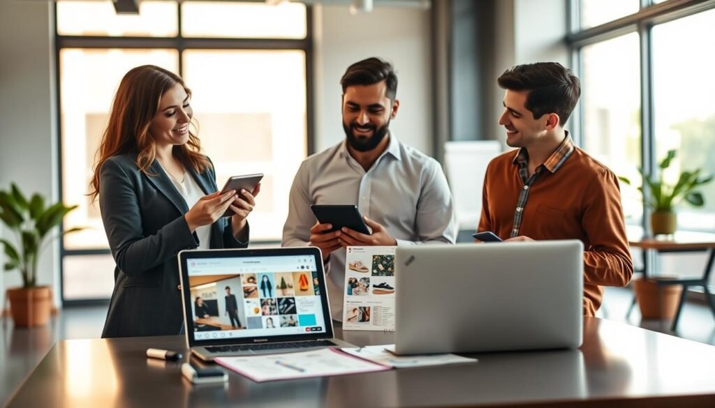A focused composition illustrating practical Instagram monetization strategies. In the foreground, a diverse group of three young professionals, one woman and two men, engaged in a discussion, all dressed in smart casual attire, with digital tablets and a laptop displaying Instagram analytics. In the middle ground, an organized workspace with vibrant visuals of Instagram posts showcasing lifestyle products, digital marketing charts, and a checklist for content creation. In the background, a modern office setting with soft natural light filtering through large windows, creating an inspiring atmosphere. The image conveys determination and collaboration, highlighting the strategic aspects of making money on Instagram. A slight depth of field to emphasize the group while keeping the workspace visually interesting. A focused composition illustrating practical Instagram monetization strategies. In the foreground, a diverse group of three young professionals, one woman and two men, engaged in a discussion, all dressed in smart casual attire, with digital tablets and a laptop displaying Instagram analytics. In the middle ground, an organized workspace with vibrant visuals of Instagram posts showcasing lifestyle products, digital marketing charts, and a checklist for content creation. In the background, a modern office setting with soft natural light filtering through large windows, creating an inspiring atmosphere. The image conveys determination and collaboration, highlighting the strategic aspects of making money on Instagram. A slight depth of field to emphasize the group while keeping the workspace visually interesting.