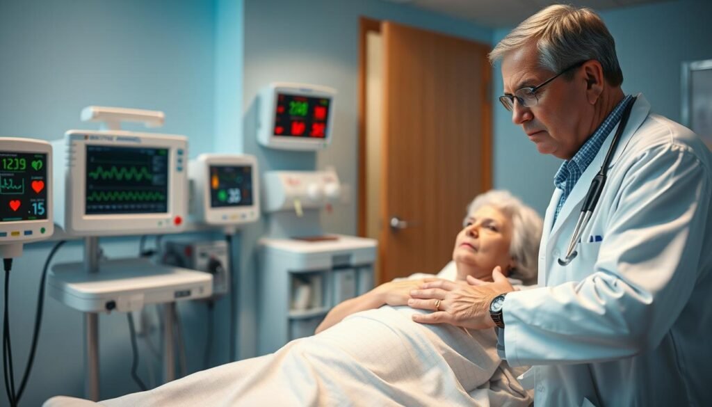 A hospital scene depicting a doctor diagnosing a heart attack. In the foreground, a middle-aged male doctor in a white lab coat, with a stethoscope around his neck, is attentively examining an elderly female patient lying on a hospital bed. The patient looks concerned but is calm, wearing a modest hospital gown. In the middle ground, medical equipment such as an ECG machine and heart monitor display vital signs, enhancing the atmosphere of urgency and care. The background features a softly lit hospital room with light blue walls and essential supplies neatly arranged. The lighting is bright yet warm, creating a reassuring ambiance. The overall mood conveys professionalism and hope, focusing on the critical moment of diagnosis. A hospital scene depicting a doctor diagnosing a heart attack. In the foreground, a middle-aged male doctor in a white lab coat, with a stethoscope around his neck, is attentively examining an elderly female patient lying on a hospital bed. The patient looks concerned but is calm, wearing a modest hospital gown. In the middle ground, medical equipment such as an ECG machine and heart monitor display vital signs, enhancing the atmosphere of urgency and care. The background features a softly lit hospital room with light blue walls and essential supplies neatly arranged. The lighting is bright yet warm, creating a reassuring ambiance. The overall mood conveys professionalism and hope, focusing on the critical moment of diagnosis.