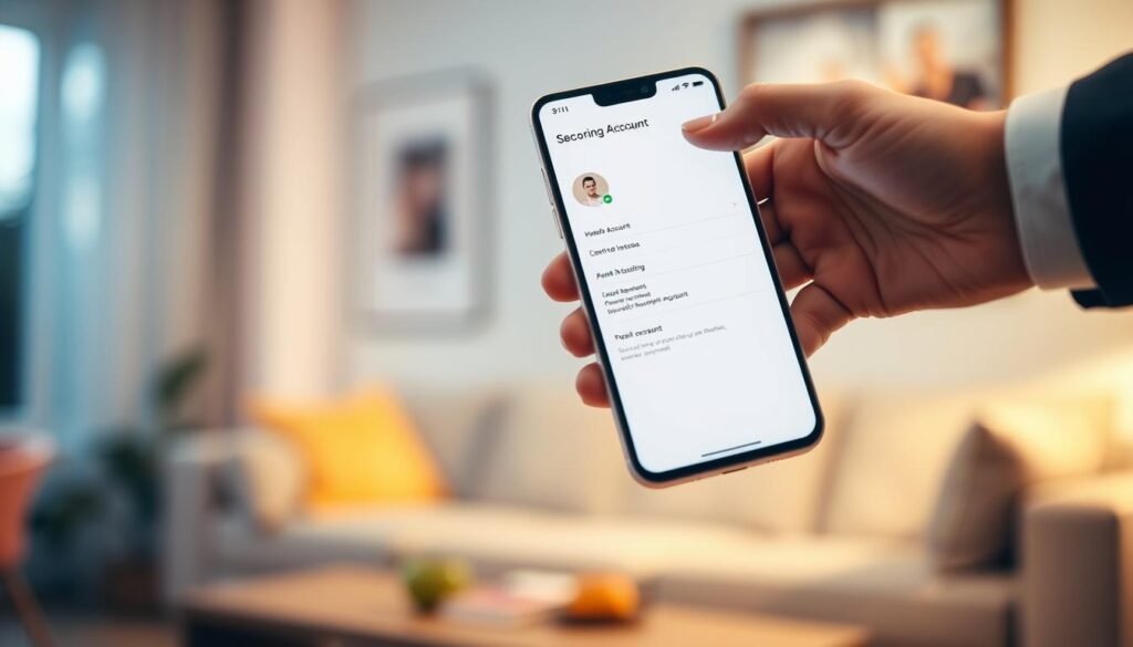 A modern smartphone in focus at the foreground, displaying a screen showing Google account settings. The background features a softly blurred living room environment, hinting at a casual setting where someone might be using the phone. A hand in professional attire reaches towards the screen, indicating the action of identifying another person's account on the device. The lighting is warm and inviting, creating a sense of ease and user-friendliness. Capture a shallow depth of field, emphasizing the phone and the hand while creating a soothing atmosphere, suitable for technology and personal data management themes. A modern smartphone in focus at the foreground, displaying a screen showing Google account settings. The background features a softly blurred living room environment, hinting at a casual setting where someone might be using the phone. A hand in professional attire reaches towards the screen, indicating the action of identifying another person's account on the device. The lighting is warm and inviting, creating a sense of ease and user-friendliness. Capture a shallow depth of field, emphasizing the phone and the hand while creating a soothing atmosphere, suitable for technology and personal data management themes.