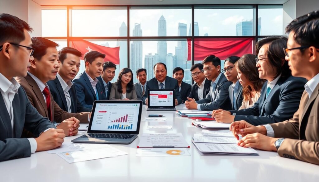 A political meeting scene set in a modern Indonesia, illustrating the impact of presidential elections on the political system. In the foreground, a diverse group of politicians, wearing professional business attire, engage in a lively discussion, their expressions reflecting determination and collaboration. In the middle, a large table filled with documents, charts, and a laptop displaying election results. The background features a stylized Indonesian flag, symbolizing national pride, and a city skyline through a glass window, showcasing the modernity of Jakarta. The lighting is bright and dynamic, conveying a hopeful atmosphere. The angle is slightly elevated, providing an overview of the scene while emphasizing the importance of the political discourse. A political meeting scene set in a modern Indonesia, illustrating the impact of presidential elections on the political system. In the foreground, a diverse group of politicians, wearing professional business attire, engage in a lively discussion, their expressions reflecting determination and collaboration. In the middle, a large table filled with documents, charts, and a laptop displaying election results. The background features a stylized Indonesian flag, symbolizing national pride, and a city skyline through a glass window, showcasing the modernity of Jakarta. The lighting is bright and dynamic, conveying a hopeful atmosphere. The angle is slightly elevated, providing an overview of the scene while emphasizing the importance of the political discourse.