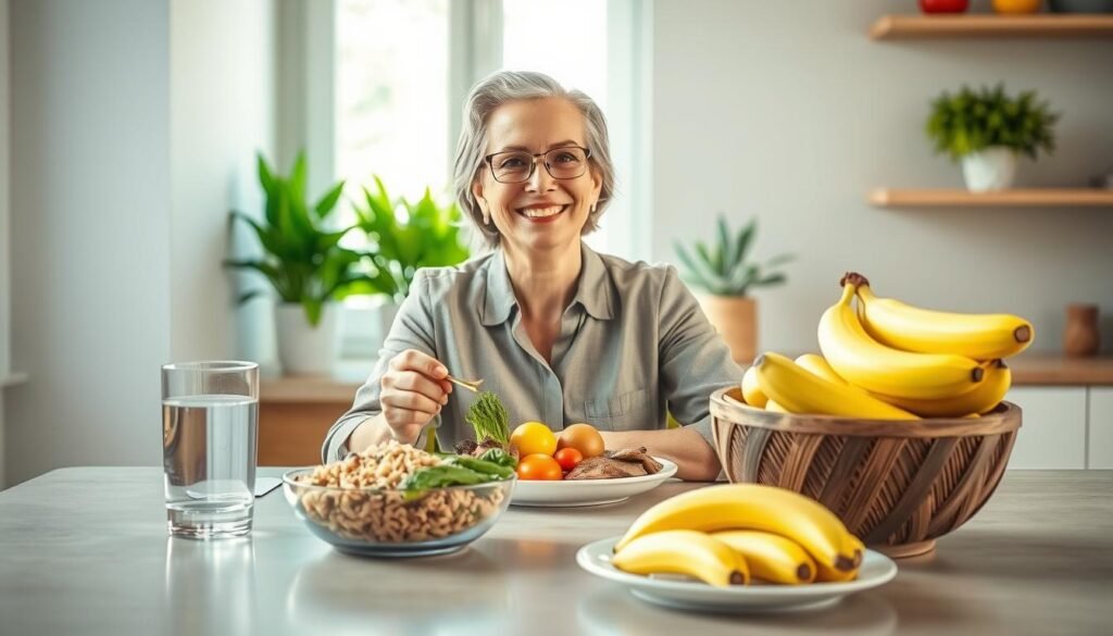 A serene and organized lifestyle scene that illustrates lifestyle changes for managing gastric issues. In the foreground, a cheerful, middle-aged woman in professional casual attire sits at a well-lit kitchen table, enjoying a healthy meal of brown rice, steamed vegetables, and lean chicken, with a clear glass of water beside her. In the middle ground, a vibrant fruit bowl laden with apples and bananas is prominently displayed. Soft, natural light streams in through a window, creating a warm atmosphere. The background features calming green plants on a shelf, emphasizing a sense of tranquility and health. The overall mood is uplifting and encouraging, promoting a balanced lifestyle conducive to managing gastritis.