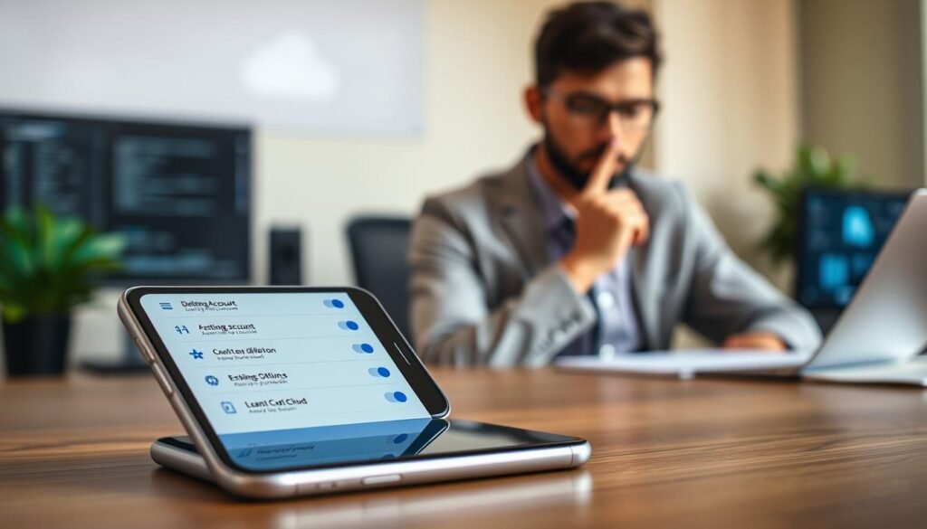 A thoughtful and professional scene illustrating the impact of deleting a Google account. In the foreground, a modern smartphone lies on a wooden desk with an open settings menu displaying account options. In the middle ground, a person in smart casual attire thoughtfully examines the phone, their expression conveying concern or contemplation. The background features blurred office elements, such as a computer monitor displaying a cloud icon and digital data, symbolizing lost connections or data after account deletion. Soft, natural lighting filters in from a nearby window, creating a calm yet serious atmosphere that emphasizes the importance of understanding the consequences of this action. The image should evoke a blend of caution and awareness, without any textual overlays or distractions. A thoughtful and professional scene illustrating the impact of deleting a Google account. In the foreground, a modern smartphone lies on a wooden desk with an open settings menu displaying account options. In the middle ground, a person in smart casual attire thoughtfully examines the phone, their expression conveying concern or contemplation. The background features blurred office elements, such as a computer monitor displaying a cloud icon and digital data, symbolizing lost connections or data after account deletion. Soft, natural lighting filters in from a nearby window, creating a calm yet serious atmosphere that emphasizes the importance of understanding the consequences of this action. The image should evoke a blend of caution and awareness, without any textual overlays or distractions.