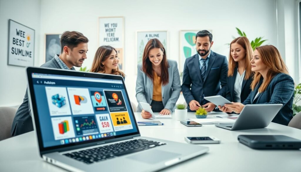 A vibrant digital workspace showcasing the best online business platforms. In the foreground, a laptop with a clear screen displaying popular e-commerce sites and digital marketing tools, surrounded by modern gadgets like a smartphone and tablet. In the middle, a diverse group of professionals, both men and women in business attire, are engaged in a discussion about online entrepreneurship, highlighting collaboration and teamwork. The background features a bright office environment with motivational posters and greenery, suggesting a productive and innovative atmosphere. Soft, natural lighting illuminates the scene, creating an uplifting mood, with a focus on business success and connectivity. Shot from an eye-level angle to enhance engagement and perspective.