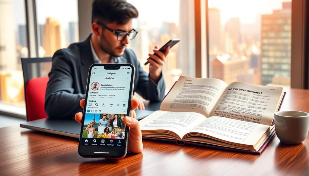 A vibrant workspace featuring a modern desk with a sleek laptop open to an Instagram analytics page. In the foreground, a smartphone displays an aesthetically pleasing Instagram profile with engaging visuals and a high follower count. To the side, an open notebook filled with strategies for monetizing social media, surrounded by motivational quotes and a cup of coffee. In the middle ground, a professional individual in modest casual clothing analyzes the phone with a thoughtful expression, embodying focus and determination. The background showcases a city skyline through a large window, bathed in warm natural light that creates an inspiring atmosphere. The overall mood is aspirational and dynamic, inviting viewers to envision success in Instagram monetization. A vibrant workspace featuring a modern desk with a sleek laptop open to an Instagram analytics page. In the foreground, a smartphone displays an aesthetically pleasing Instagram profile with engaging visuals and a high follower count. To the side, an open notebook filled with strategies for monetizing social media, surrounded by motivational quotes and a cup of coffee. In the middle ground, a professional individual in modest casual clothing analyzes the phone with a thoughtful expression, embodying focus and determination. The background showcases a city skyline through a large window, bathed in warm natural light that creates an inspiring atmosphere. The overall mood is aspirational and dynamic, inviting viewers to envision success in Instagram monetization.